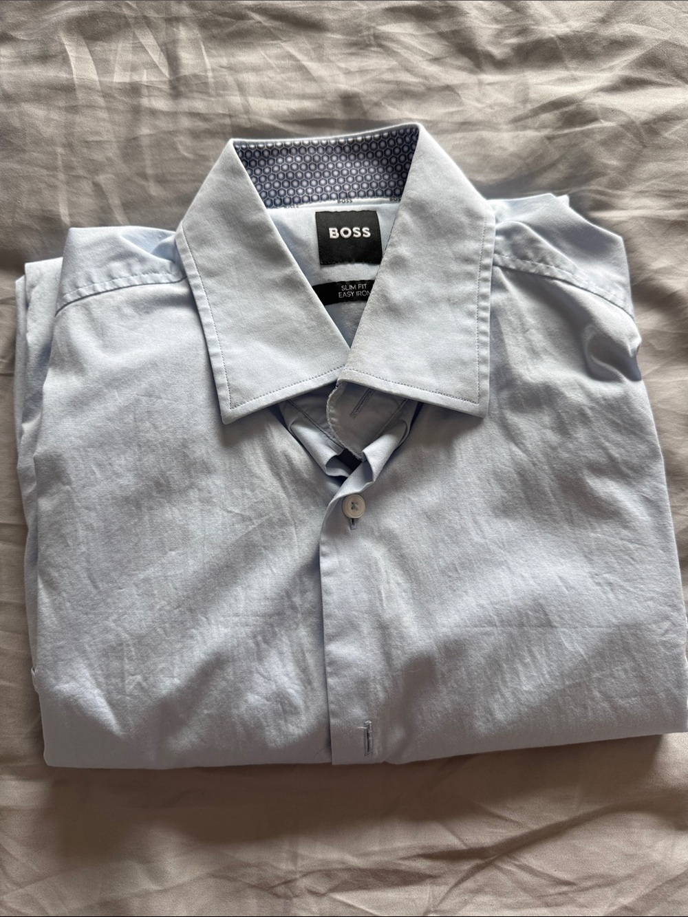 BOSS Men's Pale Blue Dress Shirt with Patterned Inner Collar